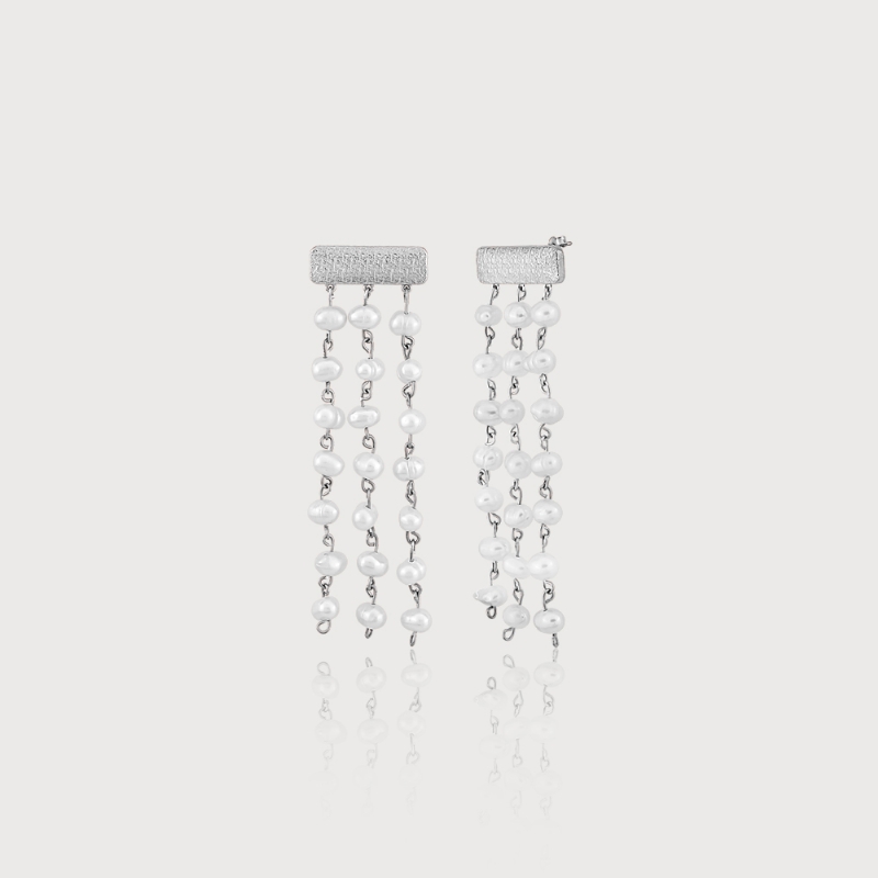 Pearl Rainfall "W" Silver Earrings